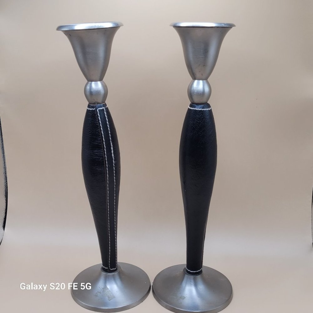 Candlestick Holders Faux Leather Silver Tone 11" Tall Set of 2